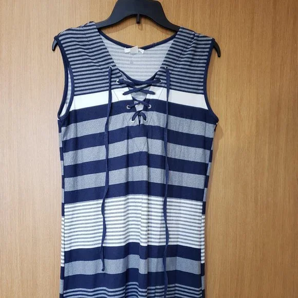 exist maxi dress Exist Dresses | Exist Collection Sleeveless Blue Grey White Stripe Tank Maxi Dress, Nwt, Large | Color: Blue/Gray | Size: L